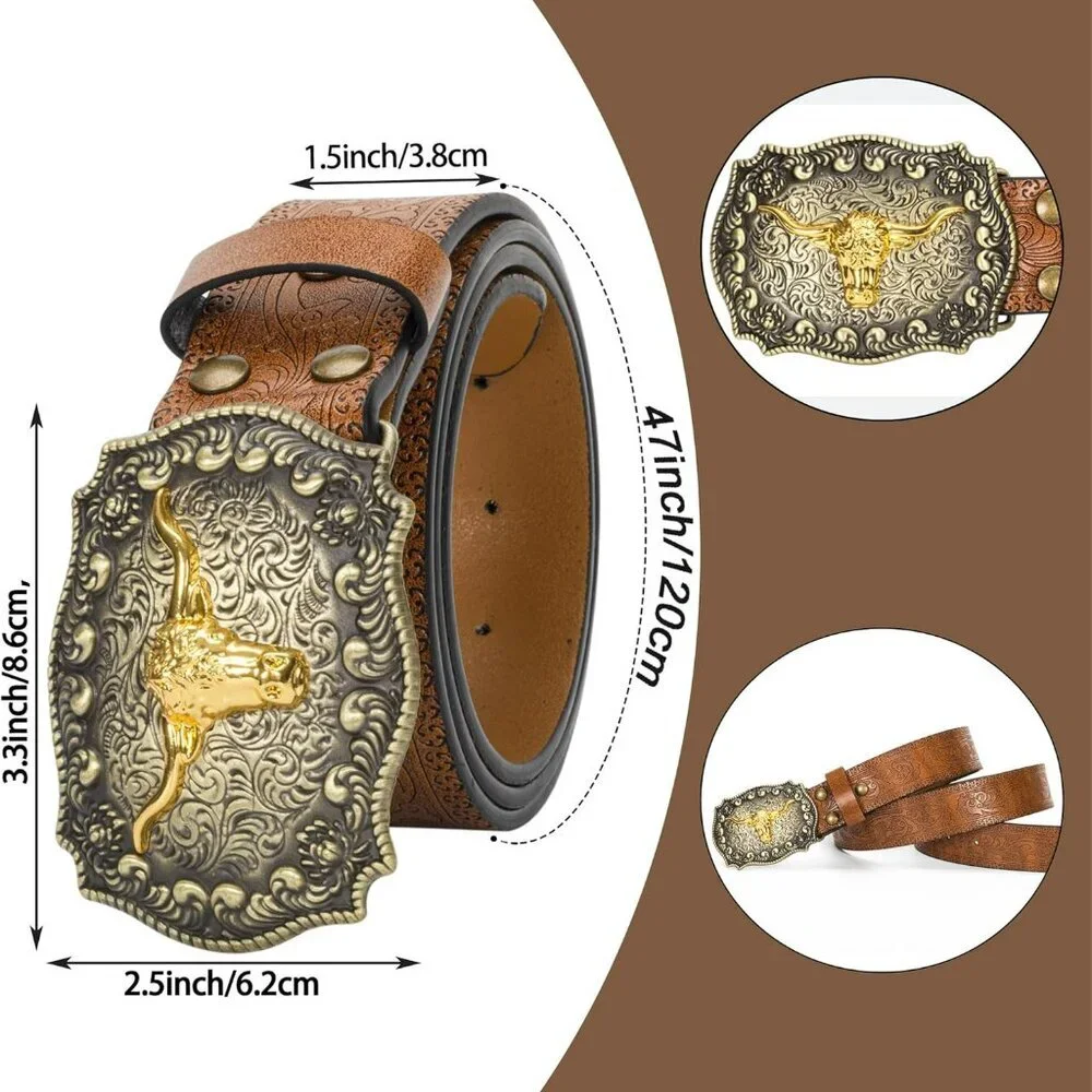 Western Cowboy Belts for Men Women - Bull Buckle Vintage Floral Engraved Belt fo - Picture 2 of 6